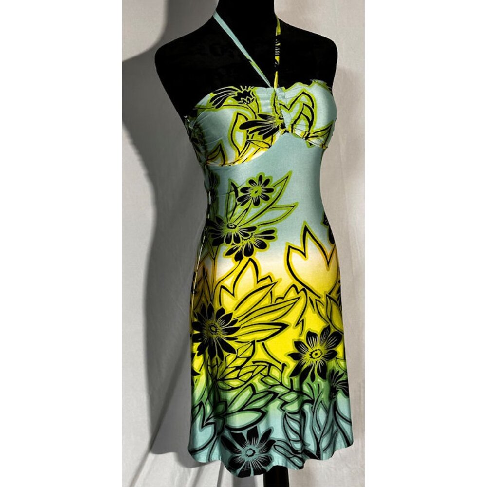 Belinda Sexy, Slinky Silky Halter Dress, Green Yellow, Blue, Size Small